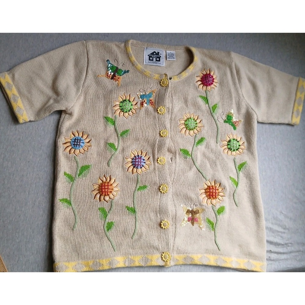 Storybook Knits Sweater Small Cardigan Arsty Granny Sequin Cottage Sunflower VTG